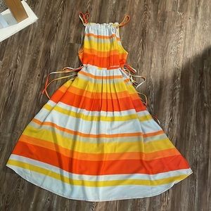 LOFT Striped Pleated Halter Midi Dress with Side Ties